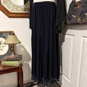 VTG Y2K Phool Black 100% Cotton Pleated Maxi Skirt w Iridescent Beaded Hem L